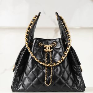 Chanel small hobo 抽绳水桶包 黑金 小号 图1