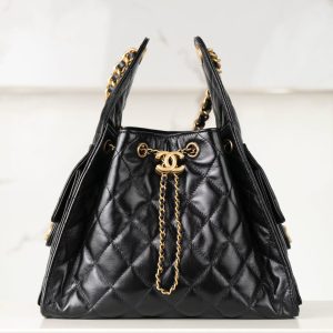 Chanel small hobo 抽绳水桶包 黑金 小号 图2