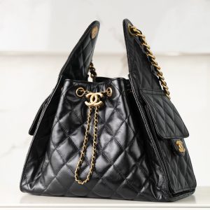 Chanel small hobo 抽绳水桶包 黑金 小号 图4