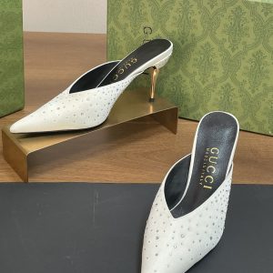 上新啦Gucci代购级2024早春新款金属跟尖头水晶贴花慕勒单鞋包头拖鞋真丝绸缎水钻凉鞋 图1