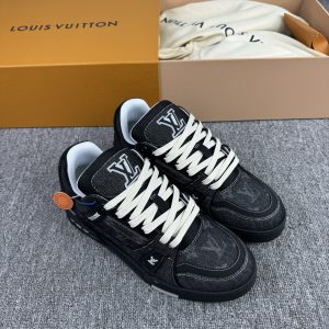 上新 1v驴牌 Trainer 牛仔布 圆头系带 平跟 低帮 板鞋 黑色 图1