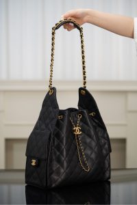Chanel hobo bag 抽绳水桶包 黑金鱼子酱 中号 图4
