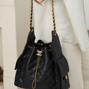 Chanel hobo bag 抽绳水桶包 黑金鱼子酱 中号 图3