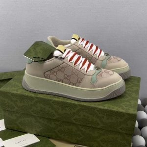 纯原 GUCCI 古驰 Screener 胖丁皮革GG帆布厚底系带时尚板鞋 女款 粉米 图1